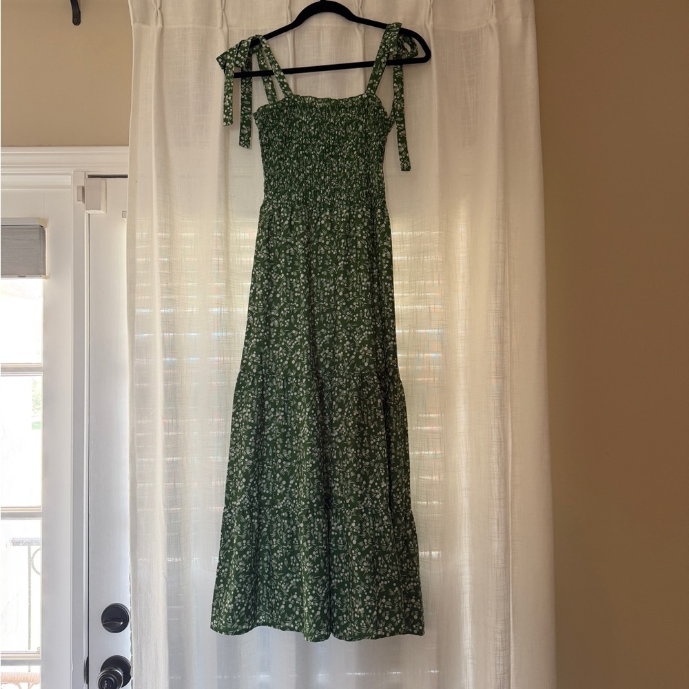 SHEIN Tie-Strap Shirred Floral Midi Sundress Green Small